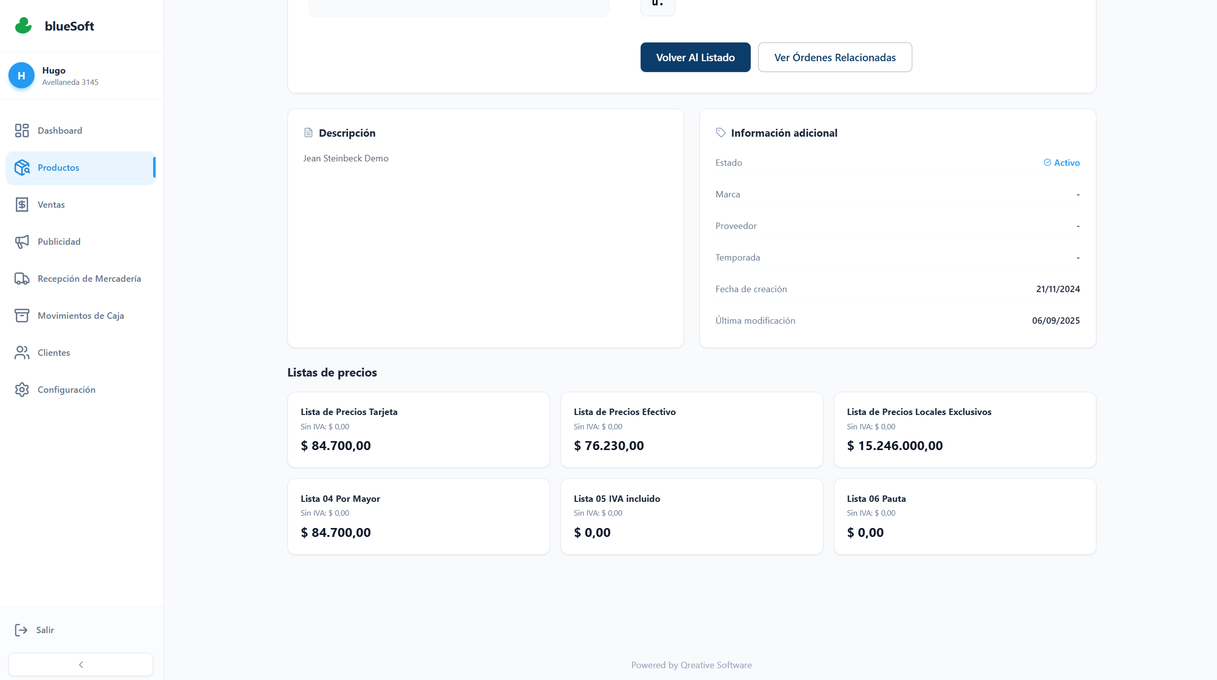 Detalle del producto con listas de precios