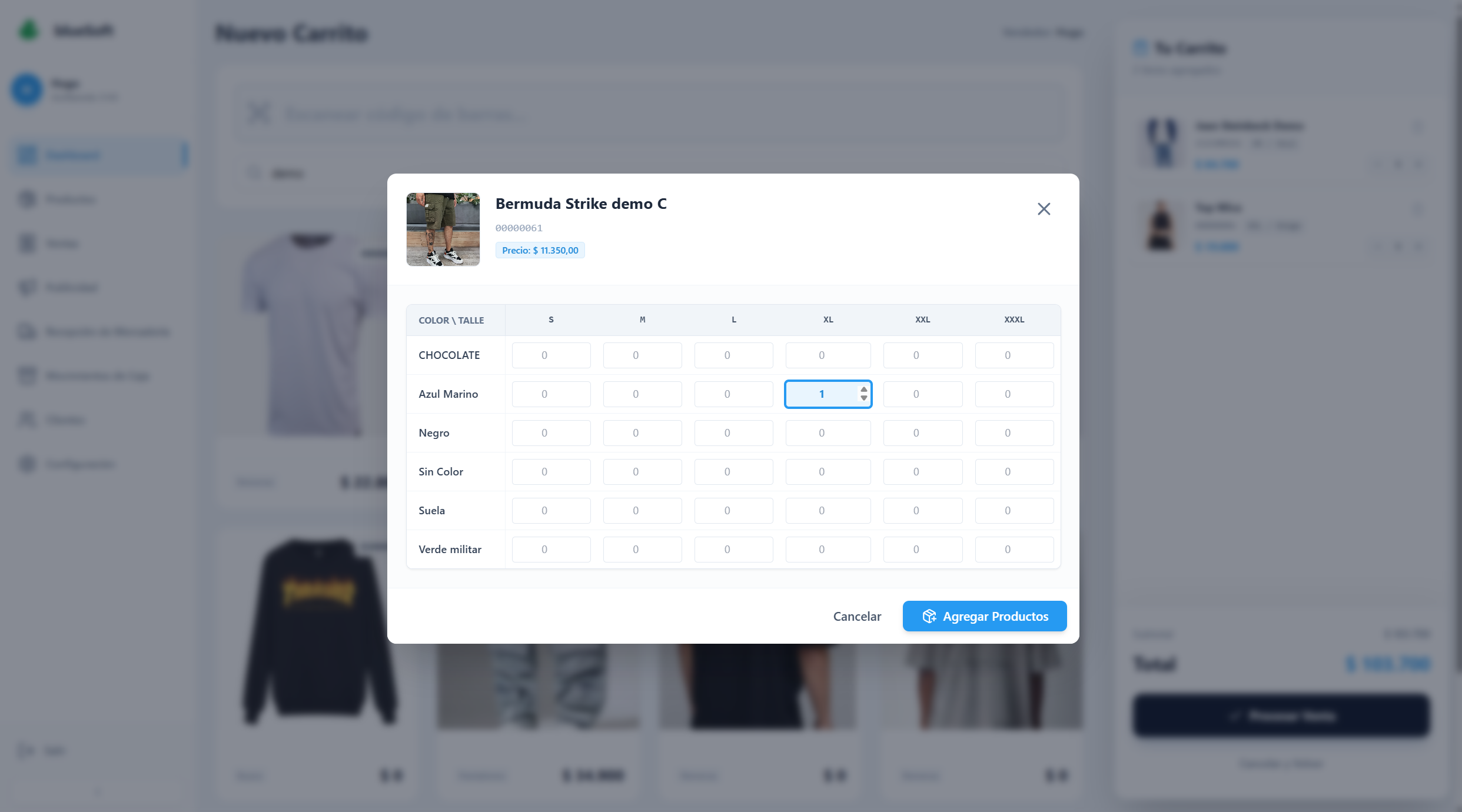 Selección de color y talle